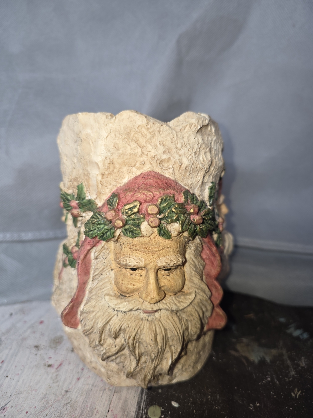Hand-Painted Santa Face Holiday Candle Holder — Cream and Red